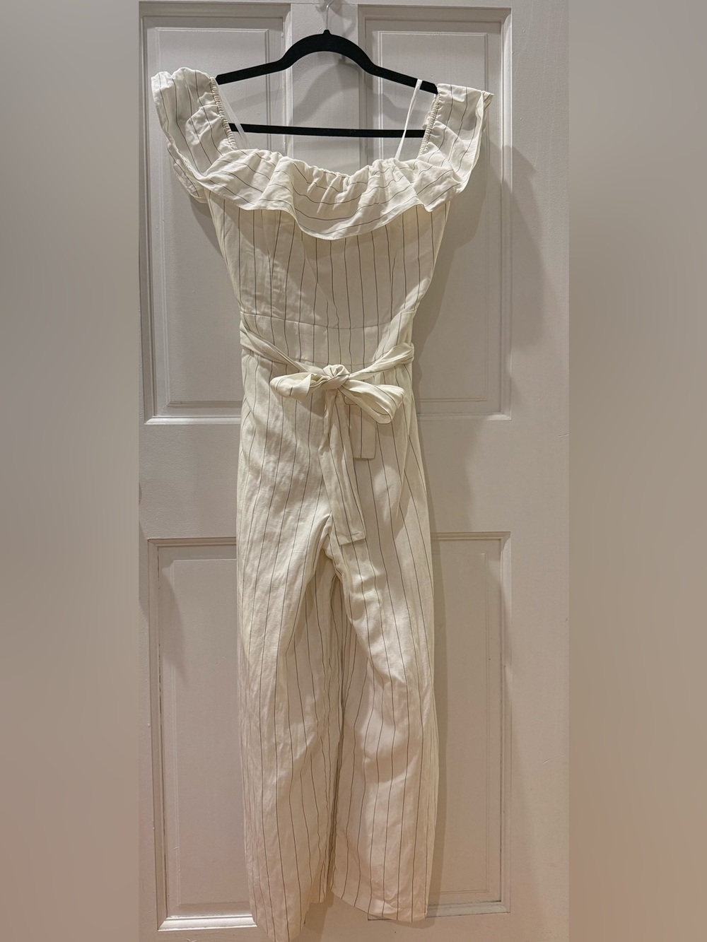 Club Monaco Cream Striped Off-Shoulder Belted Jumpsuit